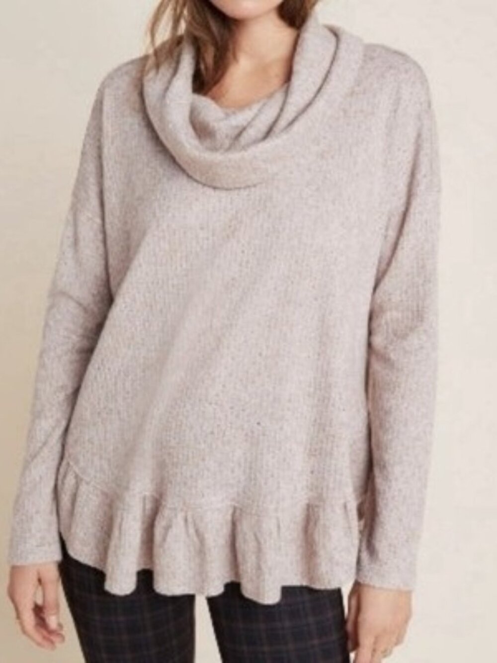 Maeve Anthropologie NWT Addie Ruffled Hacci Cowl Neck Tan Sweater Size Large